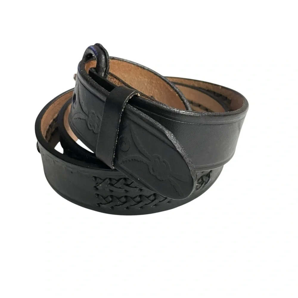 Vtg Mens Belt Black Leather 38 Handcrafted Mexico Cowboy Rodeo Western 1.5